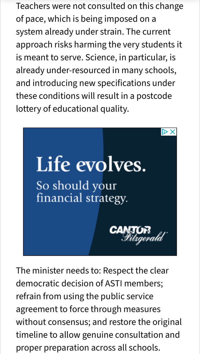 An excellent letter re SCR in today’s <a href="/irishexaminer/">Irish Examiner</a> 
Worth reading. 
“Science, in particular, is already under-resourced in many schools, and introducing new specifications under these conditions will result in a postcode lottery of educational quality.” <a href="/IrishSciTeach/">ISTA</a> #edchatie