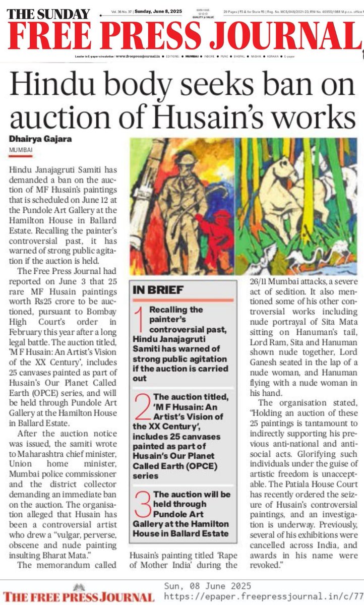 Balwant G Pathak (@balwantpathak) on Twitter photo It is regrettable that the paintings of the anti-Hindu and anti-national M.F. Fusen are being auctioned in Mumbai during the Hindutva regime.
<a href="/ChouhanShivraj/">Shivraj Singh Chouhan</a>
Considering the sentiments of many Hindus, please cancel this auction immediately.
<a href="/nafedindia/">NAFED India</a> It is regrettable that the paintings of the anti-Hindu and anti-national M.F. Fusen are being auctioned in Mumbai during the Hindutva regime.
<a href="/ChouhanShivraj/">Shivraj Singh Chouhan</a>
Considering the sentiments of many Hindus, please cancel this auction immediately.
<a href="/nafedindia/">NAFED India</a>