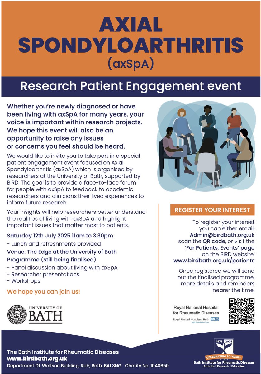 Patient research engagement event #axSpA Would you like to engage with researchers and help? Sign up to come along to this free event: buytickets.at/bathinstitutef… <a href="/NASSexercise/">NASS</a>