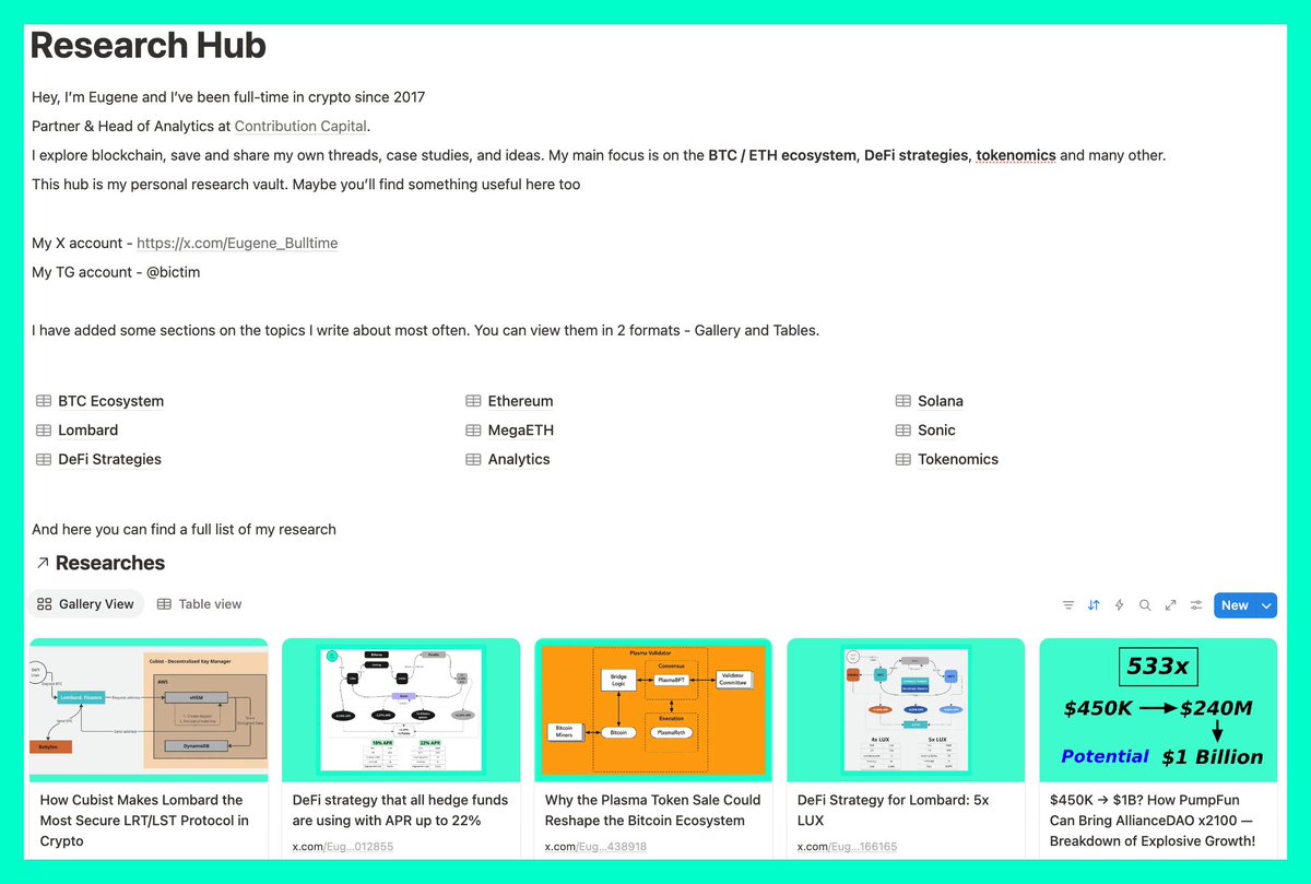 Eugene_Bulltime's tweet image. My Research Hub
I joined Twitter in the autumn of 2024 with one goal - I wanted to share my knowledge and experience gained over 8 years in crypto.
At some point, I had so much information stored in my head that it overloaded my brain, so I decided to post all my research and…