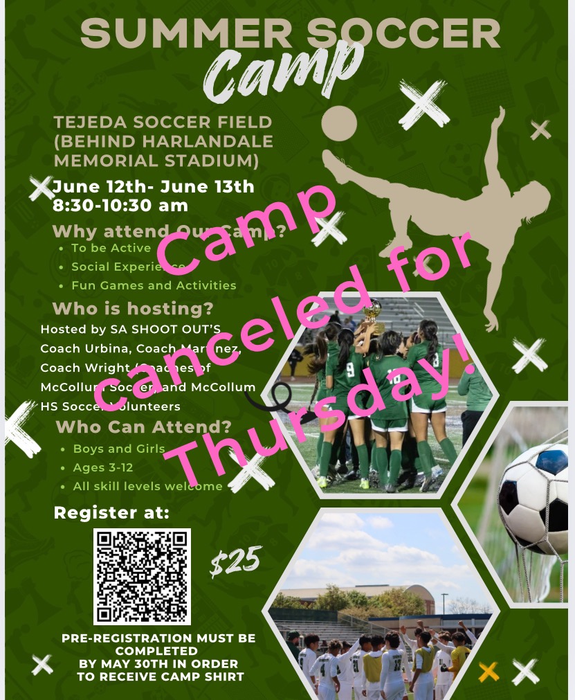 Out of abundance of caution, McCollum HS Summer Soccer Camp is canceled for TODAY due to possible continued rainfall and conditions this morning. Be safe!