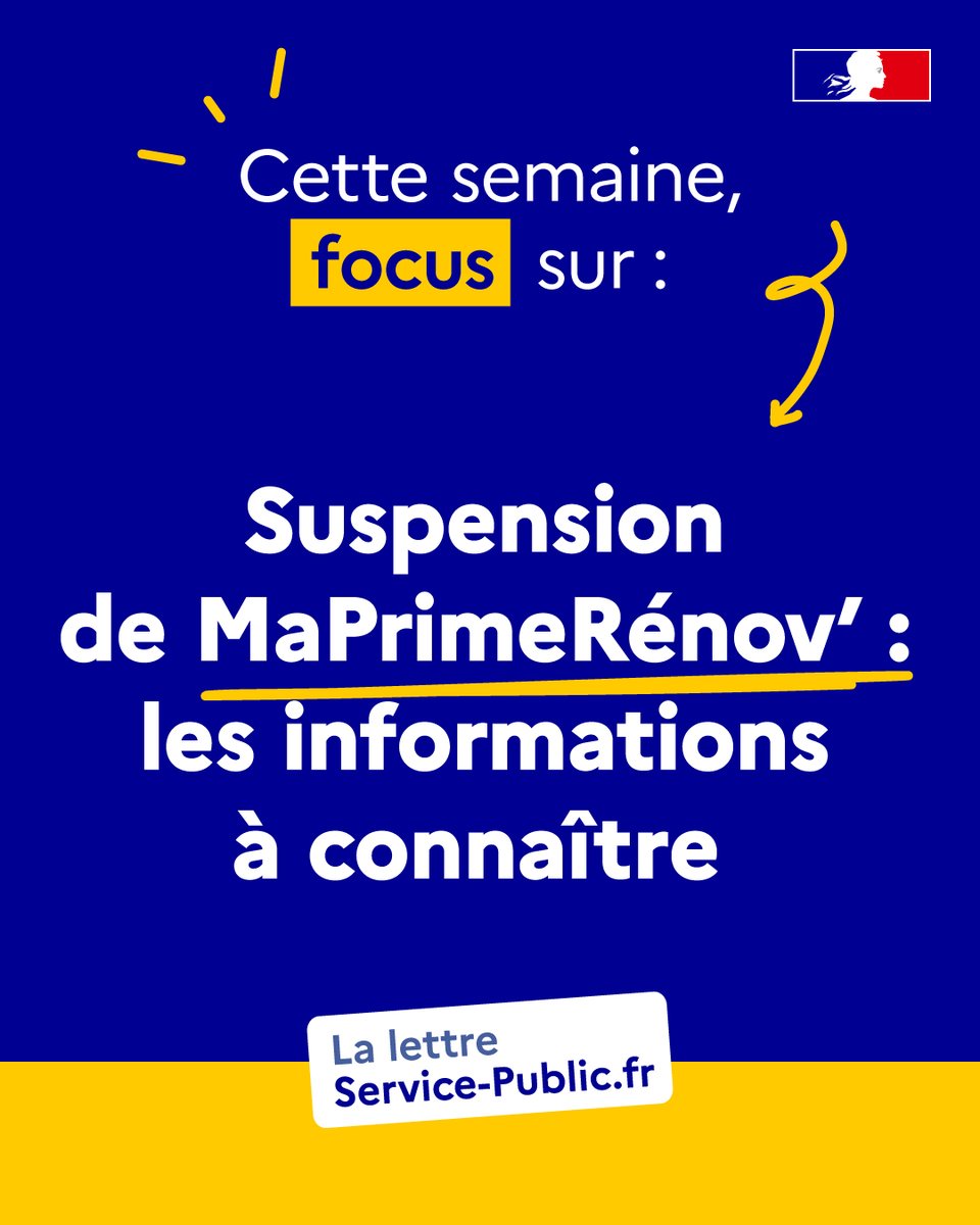 Retrouvez la lettre hebdomadaire de Service-Public.fr, avec son focus sur Suspension de MaPrimeRénov’ : les informations à connaître !

Pour la recevoir, vous pouvez vous abonner ici :
🔗 service-public.fr/actualites/let… 

#LSP #LettreSP #LettreServicePublic #ServicePublicFr