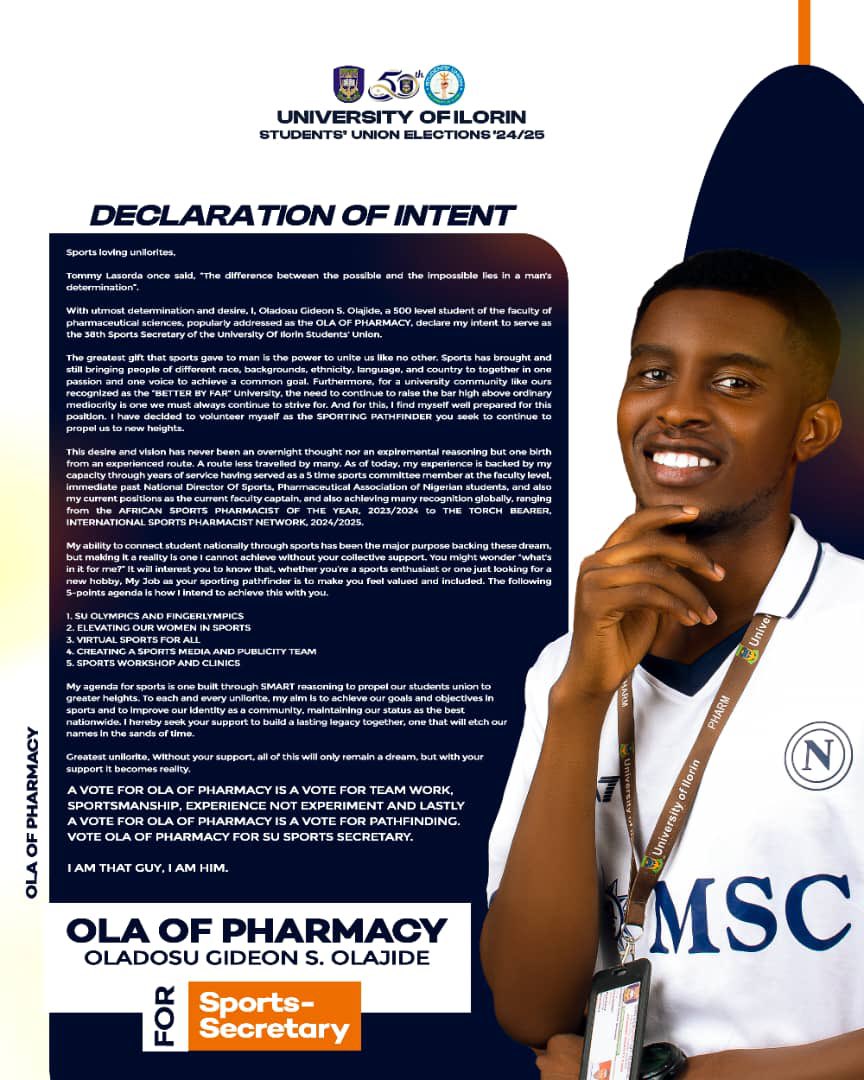 ElBaasity's tweet image. THE SPORTING PATHFINDER ✅✅
OLA OF PHARMACY IS THE MAN OF THE JOB ✅✅
Vote for him as your next Sports Secretary ✅✅