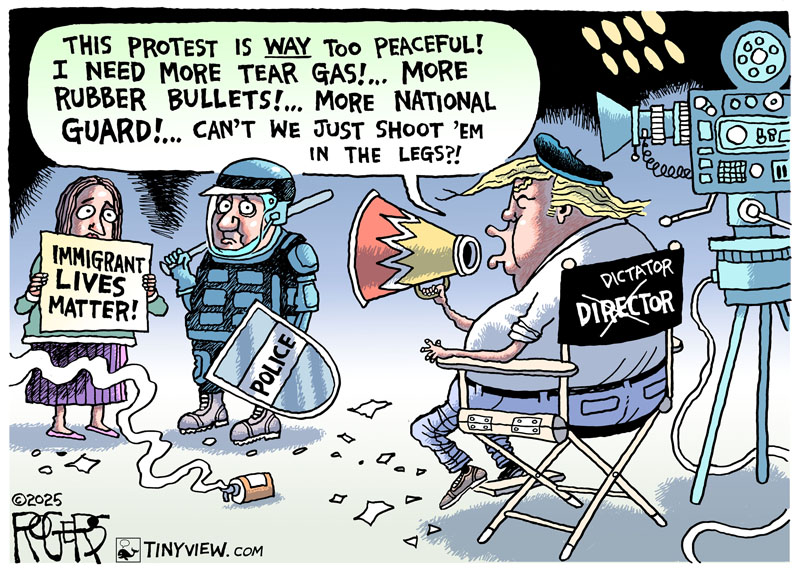 Trump is treating Los Angeles like a movie set for a fictional violent action film he's directing. There is no real crisis, except for the one he is creating. #Trump #LosAngeles #LosAngelesProtests #ICERaids #NationalGuard #Marines #Hollywood #Director #movie <a href="/TinyviewComics/">Tinyview Comics</a>
