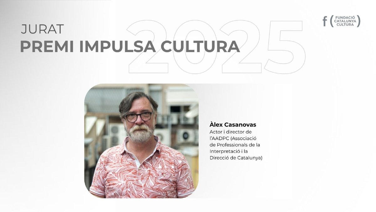 🔝Àlex Casanovas és un dels membres del jurat del #PremiIMPULSACULTURA 2025. Amb una àmplia trajectòria en el sector escènic, presideix l'Associació de Professionals de la Interpretació i la Direcció de Catalunya <a href="/AADPC/">AADPC</a> 
🙌Un plaer comptar amb ell en aquesta edició.
#JuratPIC2025