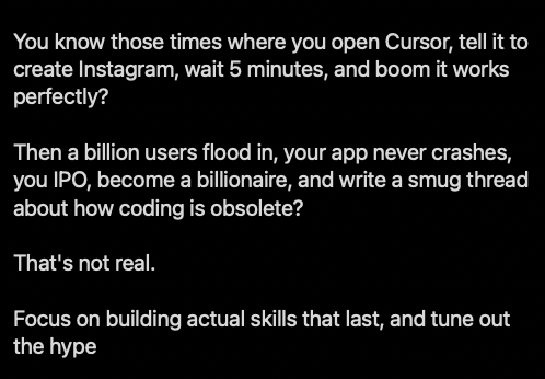For those who think you don't need to code anymore:
Your future depends on skills you build, not shortcuts you take.