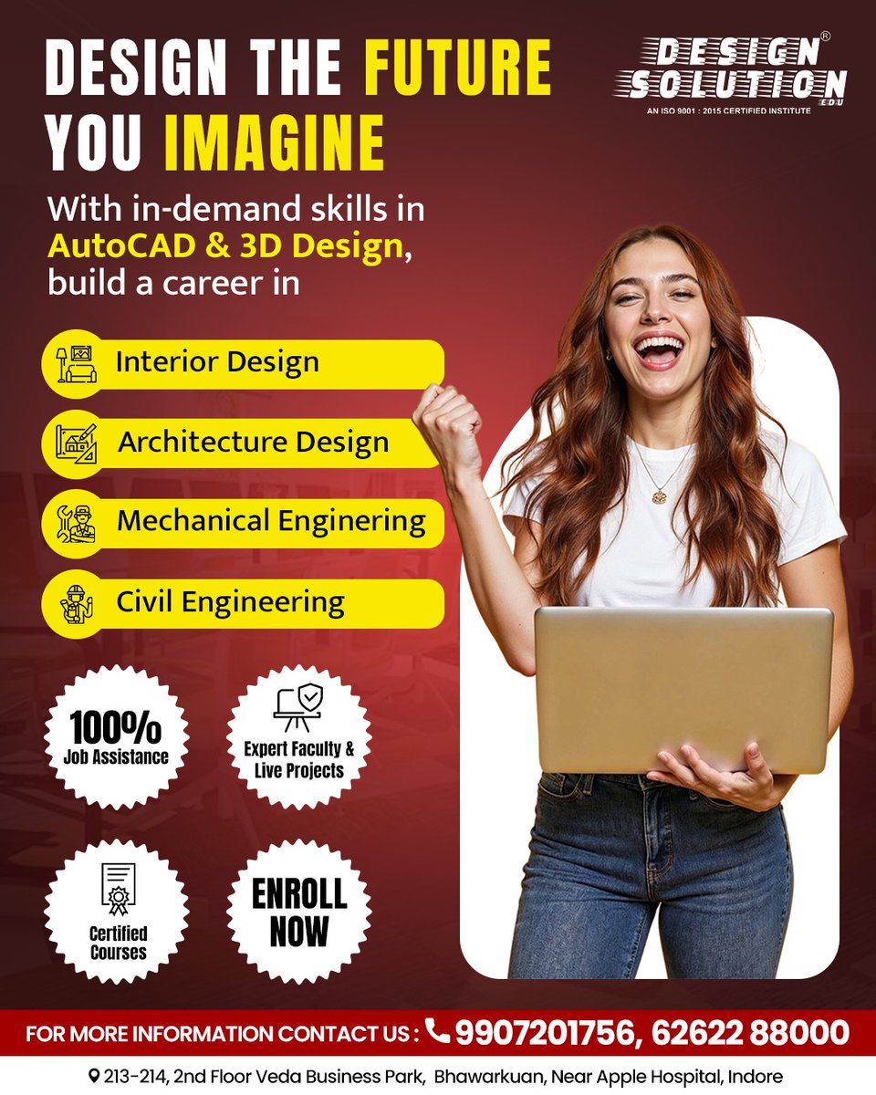 Designsolutiona's tweet photo. Design the Future You Imagine with Skills That Build Careers!
Master the most in-demand tools like AutoCAD & 3D Design and shape your future.
#designsolution #indore #AutoCADTraining #InteriorDesignCourse #ArchitectureTraining #MechanicalEngineeringSkills #CivilEngineeringDesign https://t.co/uQhZTagZJ8