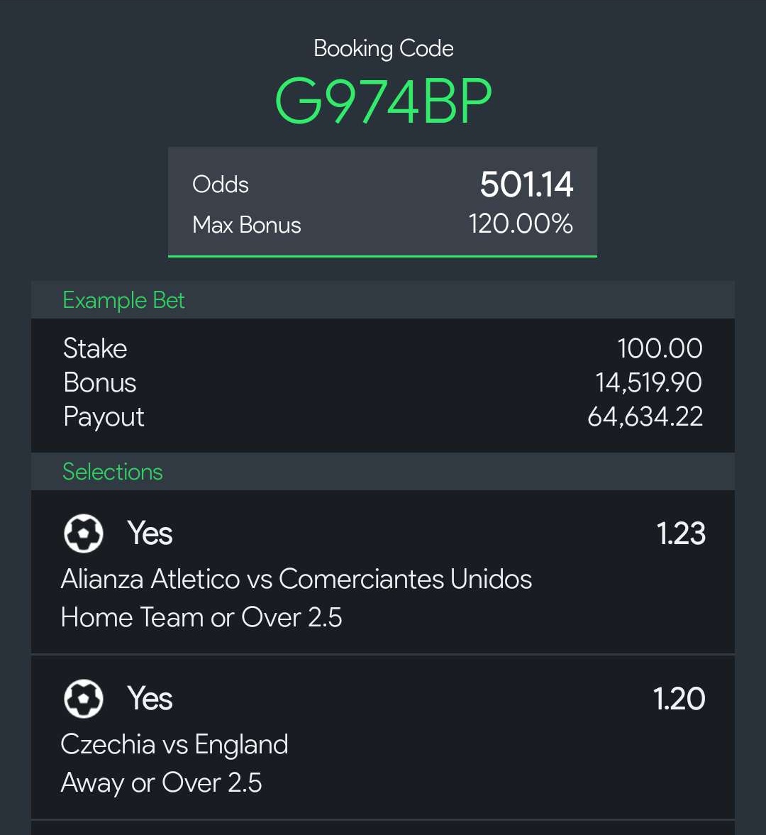 Crazy Mixed Options 500 Odds! 🏆

What I played 👇🏻
100/ Q2TK1D
20/ ST7HD1
10/ GQHAM7