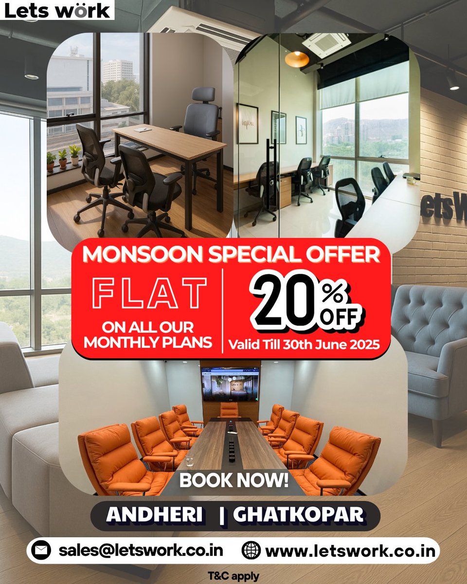 letsworkmumbai's tweet photo. 🌧 Monsoon Madness at LetsWork!
Get FLAT 20% OFF on all monthly plans at our Andheri &amp; Ghatkopar centers!
Work smart, save big — Offer valid till 30th June 2025.
📩 Book now: Sales@letswork.co.in
#MonsoonOffer #CoworkingDeal #LetsWorkAndheri #LetsWorkGhatkopar https://t.co/JK2MSyZvJ6