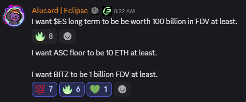 EclipseAlert's tweet image. 🔥 @Alucard_eth  just dropped his long-term vision:

• $ES → $100B FDV
• @asclubnft  floor → 10 ETH
• $BITZ → $1B FDV

Ambitious? Definitely.
Impossible? Not if we keep building like this.

What are your targets for $ES, ASC, and $BITZ?
👇 Drop your moon goals in the…