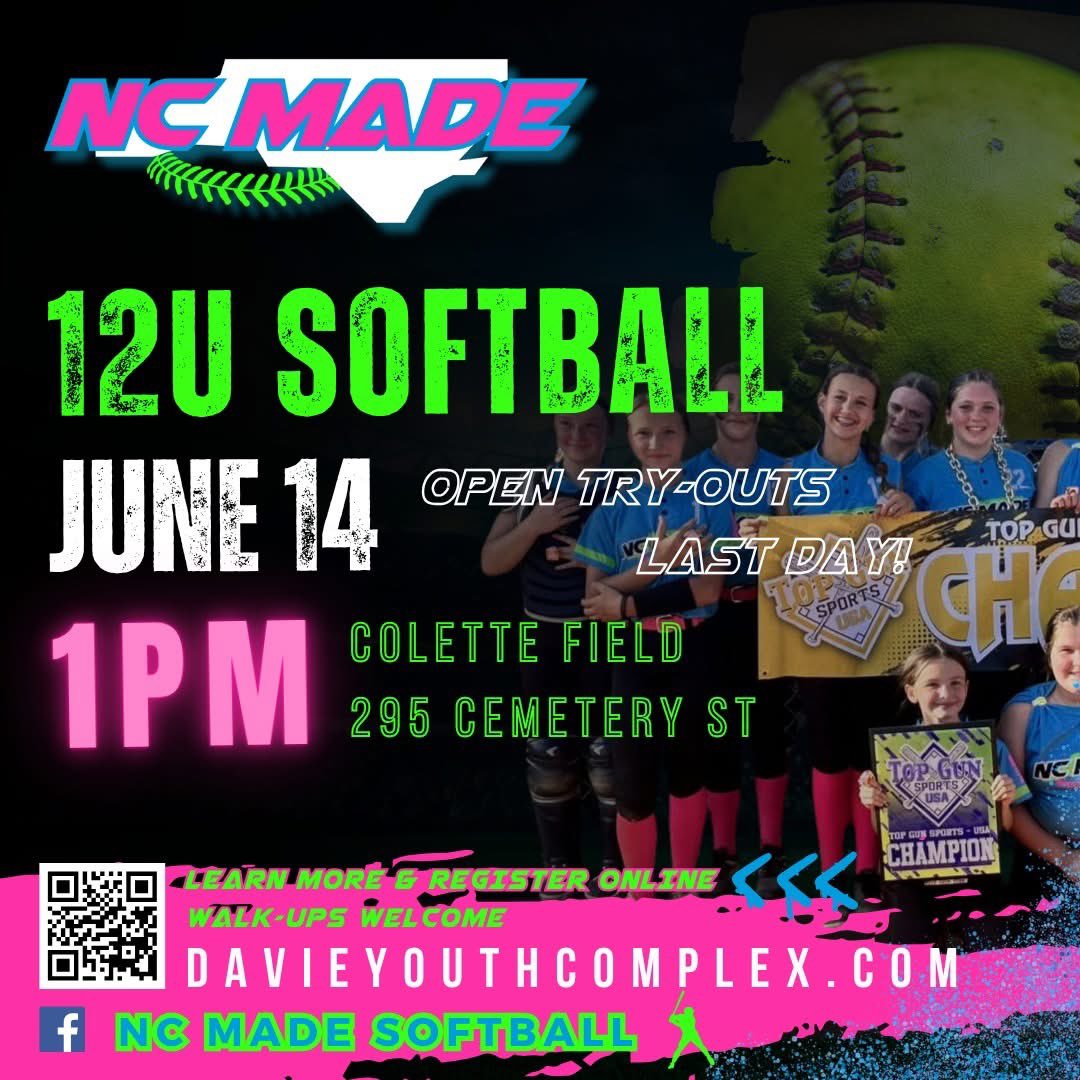 Last day to tryout for 12U NC Made softball this Saturday!!!