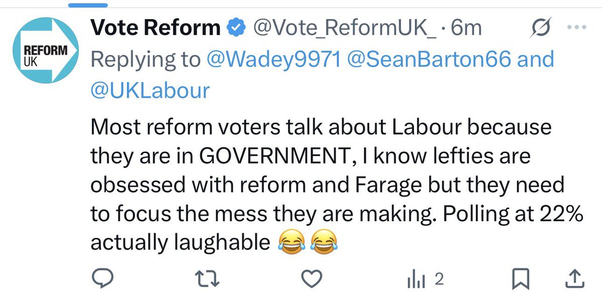 I always find it fun when morons try and argue with you, lie, give misinformation, can’t speak about the party they support and then block you because the don’t know how to debate or have a conversation… I give you <a href="/Vote_ReformUK_/">Vote Reform</a>