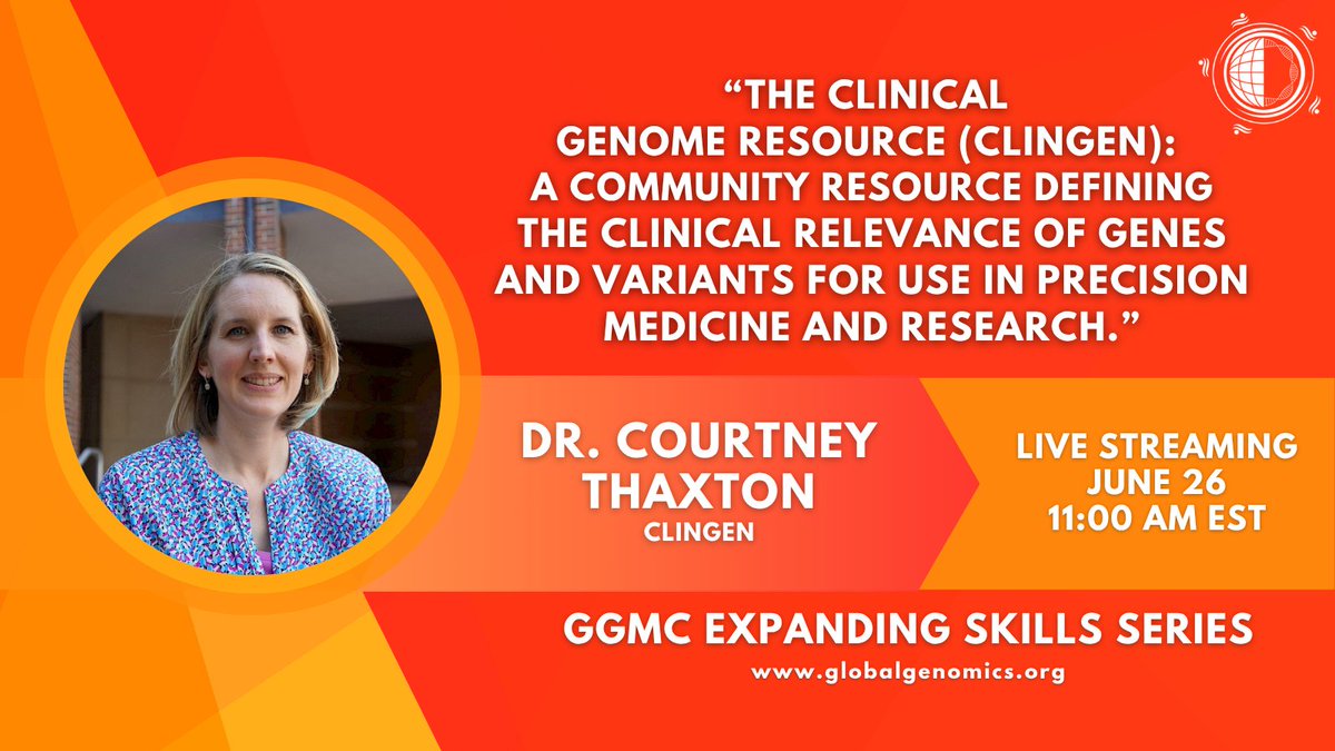 🧬Introducing the Expanding Skills Series, part of our Educational Webinar Series, designed to keep genomic professionals updated on industry trends.  

Join Dr. Courtney Thaxton from <a href="/ClinGenResource/">ClinGen</a> for our first session! Resgister:  
globalgenomics.org/ggmc-education…  

#genomics