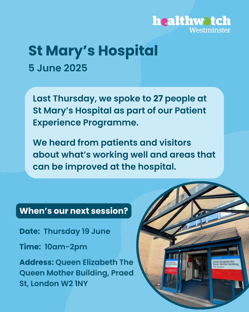 Last Thursday we delivered our Patient Experience Programme at St Mary's Hospital. Our aim is to understand patients' perspectives on what's working well and areas that can be improved.

Our next drop in at St Mary's will take place on Thursday 19 June. Come and talk to us!