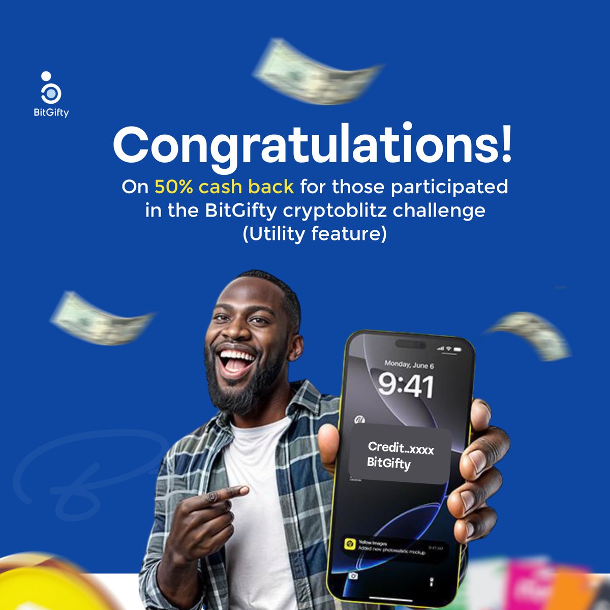 BitGifty's tweet photo. Big congratulations to 

@Haryorbami_33 
@baddy076 ! 🎉 

You’ve earned an amazing 50% cash back for participating in the BitGifty cryptoblitz challenge (Utility feature). 

Enjoy your rewards! 💰 #BitGifty #Cryptoblitz #Winner https://t.co/GQs4HENhAx