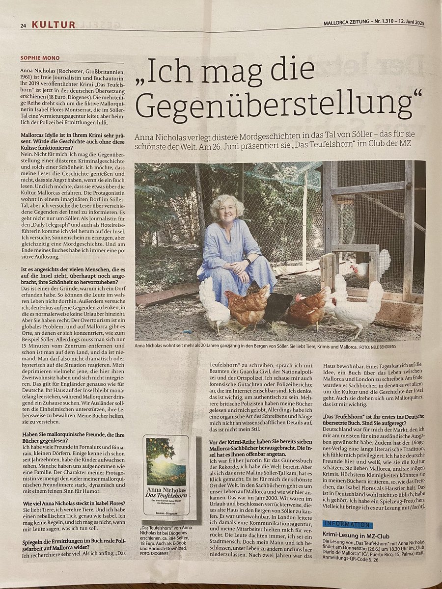 Thrilled to be featured with my feathery family today in @MallorcaZeitung Thanks to my publisher, @DiogenesVerlag and writer, Sophie Mono and photographer, Nele ☺️📚☀️🎉🙏