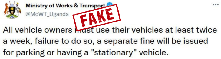 Debunk Media Initiative (@thedebunkshow) on Twitter photo 🛑#Fake A doctored image of a post from <a href="/MoWT_Uganda/">Ministry of Works & Transport</a> is circulating online claiming vehicles must be used twice a week or risk being fined. This hasn't been communicated anywhere. #StayVerified 🛑#Fake A doctored image of a post from <a href="/MoWT_Uganda/">Ministry of Works & Transport</a> is circulating online claiming vehicles must be used twice a week or risk being fined. This hasn't been communicated anywhere. #StayVerified
