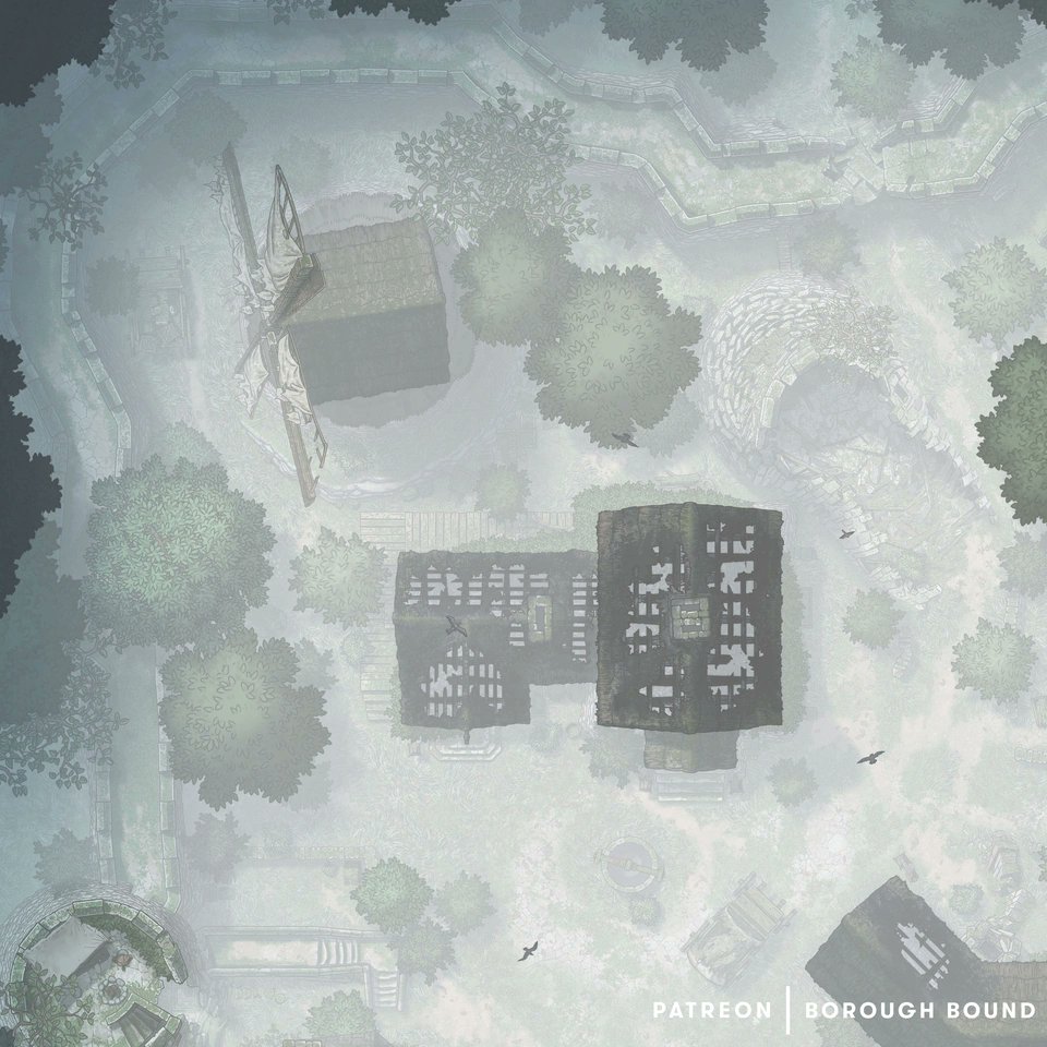 A tattered windmill looms out of the mist. It's seen better days. What could have happened here?