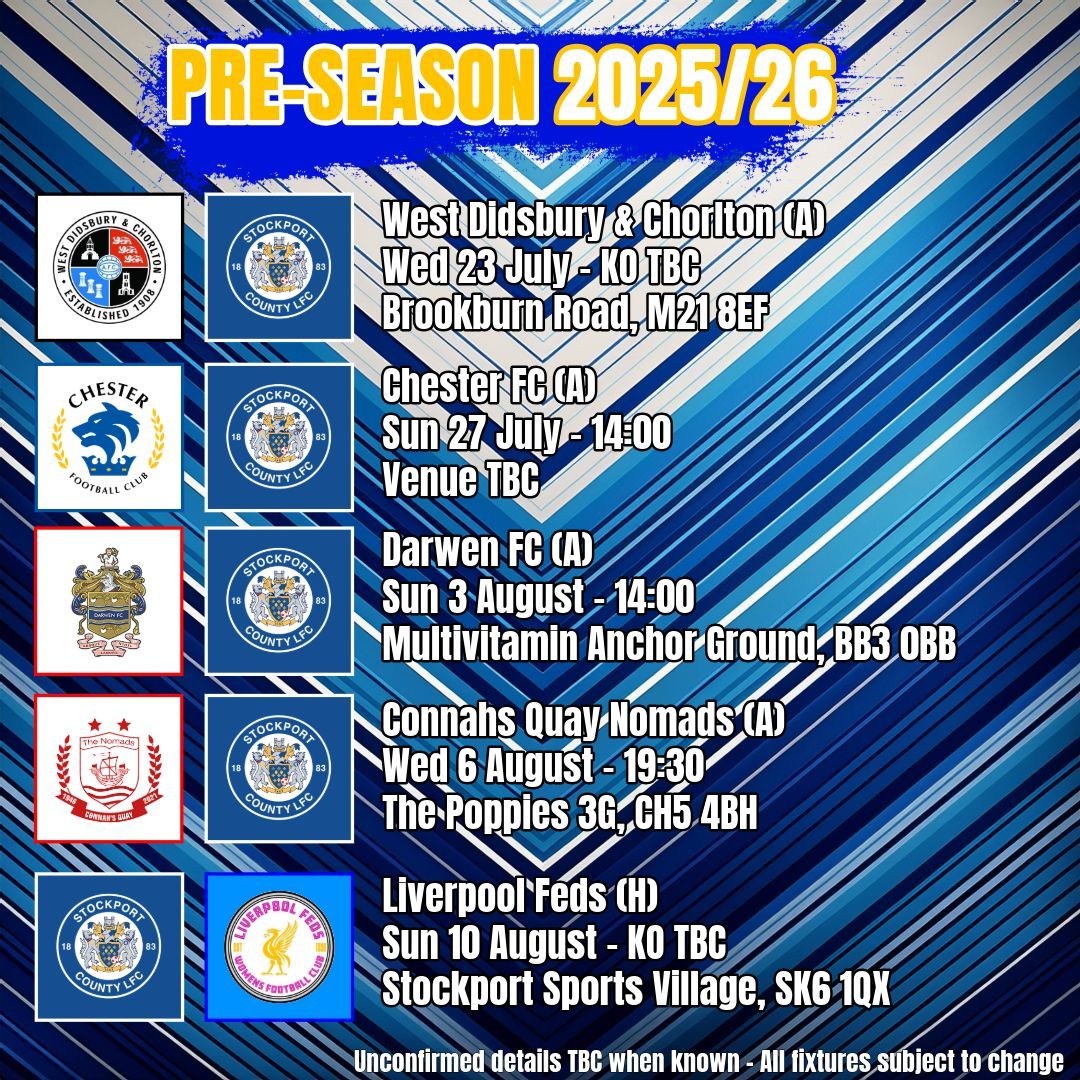 Stockport County Ladies FC (@scladiesfc) on Twitter photo Stockport County Ladies are excited to announce our 𝒑𝒓𝒆-𝒔𝒆𝒂𝒔𝒐𝒏 schedule, ahead of the 2025/26 season! 🤩
*All fixtures are subject to change and unconfirmed information will be announced in due course.
#CountyLadies <a href="/StockportCounty/">Stockport County</a> Stockport County Ladies are excited to announce our 𝒑𝒓𝒆-𝒔𝒆𝒂𝒔𝒐𝒏 schedule, ahead of the 2025/26 season! 🤩
*All fixtures are subject to change and unconfirmed information will be announced in due course.
#CountyLadies <a href="/StockportCounty/">Stockport County</a>