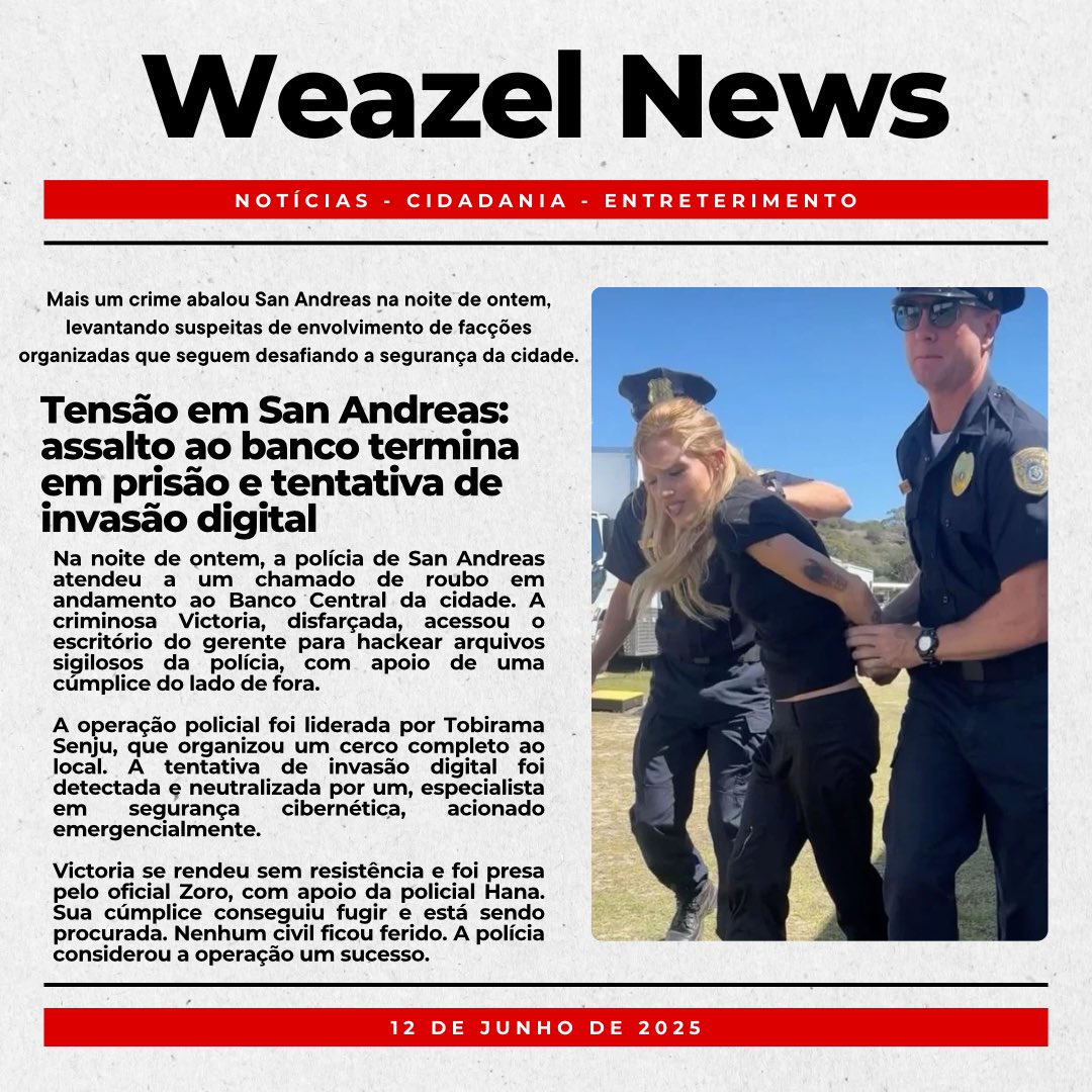 Nem todo romance termina em flores… 💔
Na véspera do Dia dos Namorados, San Andreas foi palco de mais um crime que pode estar ligado a facções organizadas. Confira os detalhes da operação que terminou em prisão — e fuga. 👮‍♂️🚨 #DiaDosNamorados #SanAndreas #CrimeOrganizado