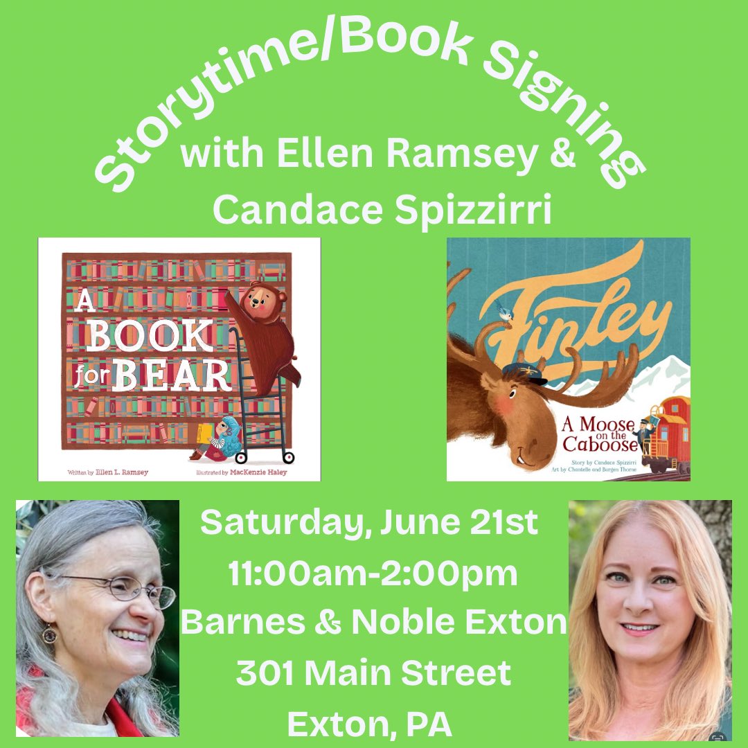 PA friends! 
Please join Ellen Ramsey and me for a STORYTIME/ BOOK SIGNING event on Saturday, June 21st from 11am - 2pm at Barnes &amp; Noble in Exton, featuring book-loving Bear and Finley, the friendliest moose! 
🐻🫎📚🎉❤️

Hope to see you there! 
#storytime #kidlit #picturebooks