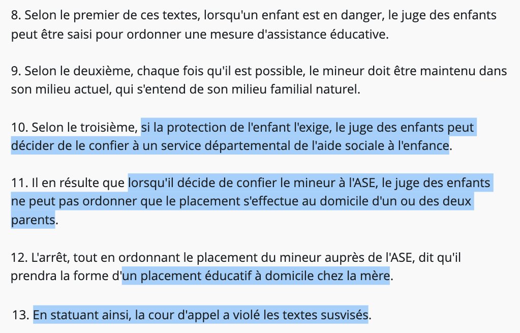 Nicolas Hervieu (@n_hervieu) on Twitter photo Protection de l'enfance : La <a href="/Courdecassation/">Cour de cassation</a> juge que lorsqu'un mineur est confié à l'aide sociale à l'enfance, le placement ne peut avoir lieu... au domicile d'un ou des parents.
Car incohérent de placer un enfant à l'ASE mais le laisser dans « son milieu familial naturel »... Protection de l'enfance : La <a href="/Courdecassation/">Cour de cassation</a> juge que lorsqu'un mineur est confié à l'aide sociale à l'enfance, le placement ne peut avoir lieu... au domicile d'un ou des parents.
Car incohérent de placer un enfant à l'ASE mais le laisser dans « son milieu familial naturel »...