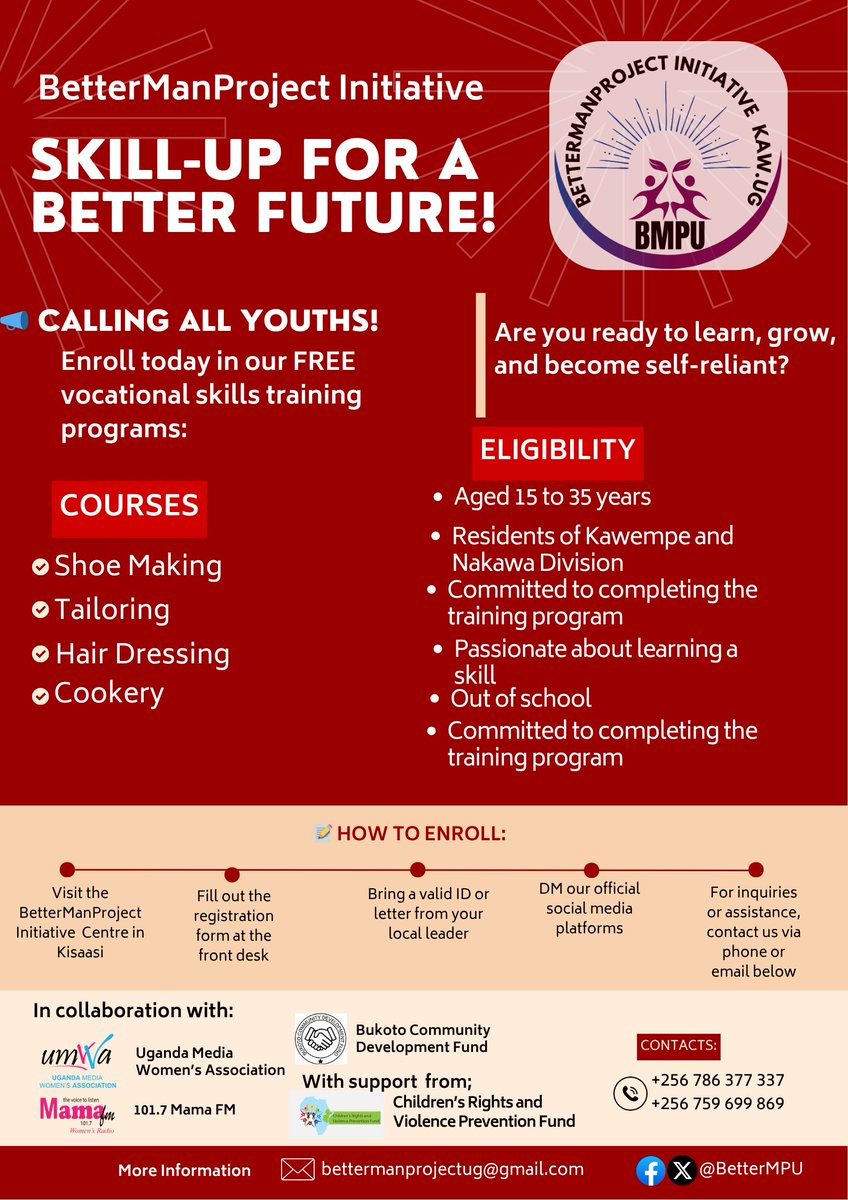 BetterManProject Initiative Kaw. Ug (@bettermpu) on Twitter photo FREE SKILLS TRAINING for Youth in Kaw UG!
<a href="/BetterMPU/">BetterManProject Initiative Kaw. Ug</a> in partnership with <a href="/UMWAandMamaFM/">Uganda Media Women's Association</a> & BUCODEF is offering FREE training in:👞 Shoe Making |✂️ Tailoring | 💇♀️ Hair Dressing | 🍳 Cookery
Supported by <a href="/CRVPF1/">Children's Rights and Violence Prevention Fund</a>
Poster below for full details
#BetterManProject #YouthEmpowerment FREE SKILLS TRAINING for Youth in Kaw UG!
<a href="/BetterMPU/">BetterManProject Initiative Kaw. Ug</a> in partnership with <a href="/UMWAandMamaFM/">Uganda Media Women's Association</a> & BUCODEF is offering FREE training in:👞 Shoe Making |✂️ Tailoring | 💇♀️ Hair Dressing | 🍳 Cookery
Supported by <a href="/CRVPF1/">Children's Rights and Violence Prevention Fund</a>
Poster below for full details
#BetterManProject #YouthEmpowerment