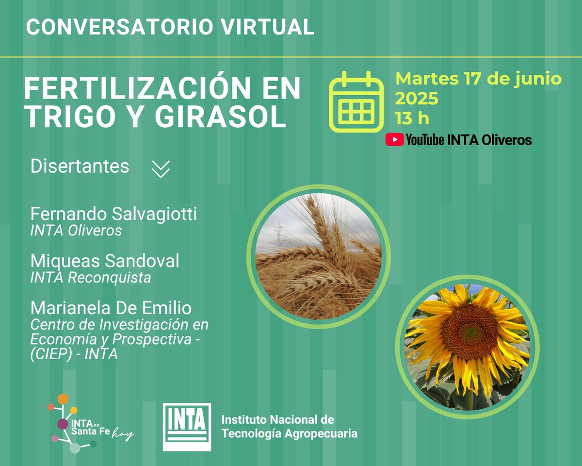 INTA Santa Fe (@intasantafe) on Twitter photo #AgendaINTA
✅ Conversatorio virtual
🌾🌻 Fertilización en Trigo y Girasol
🗓 Martes 17 de junio 2025
⏲ 13 h
▶ Canal de YouTube INTA Oliveros
youtube.com/live/v0El5wN0E…
✍ Más información:
vitti.daniela@inta.gob.ar
#trigo #girasol #AgendaINTA
✅ Conversatorio virtual
🌾🌻 Fertilización en Trigo y Girasol
🗓 Martes 17 de junio 2025
⏲ 13 h
▶ Canal de YouTube INTA Oliveros
youtube.com/live/v0El5wN0E…
✍ Más información:
vitti.daniela@inta.gob.ar
#trigo #girasol