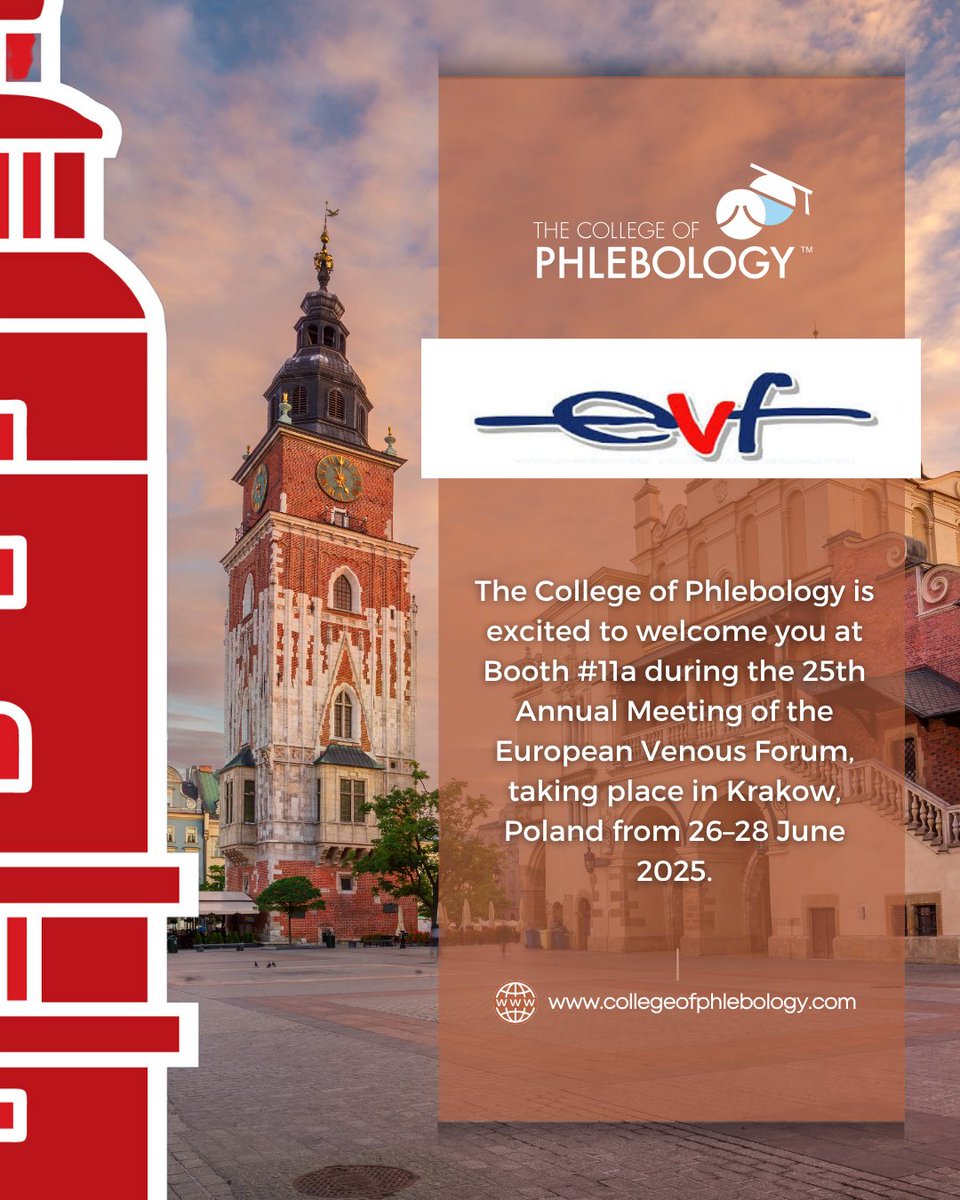 📣 The College of Phlebology is excited to invite you to visit us at Booth #11a during the 25th Annual Meeting of the European Venous Forum.

📍 Location: Krakow, Poland
📅 Dates: 26–28 June 2025
🔎 Booth: #11a

#Phlebology #EVF2025 #EuropeanVenousForum #VenousHealth #Vascular