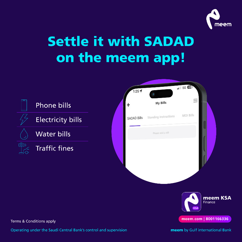 meem's tweet photo. Don’t delay… and never miss a due date!
With the #SADAD bill payment service on the #meem app, add your bills once and let them get paid automatically, right on time.💳
Download the #meem app now!
#GIB