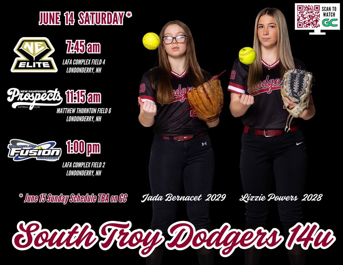 South Troy Dodgers Softball (@sotroydodgerssb) on Twitter photo Both D🥎dger teams are going to NH this weekend for the New England Fusion Summer Tune-Up!
Watch live <a href="/GetGameChanger/">GameChanger</a>
14u web.gc.com/teams/hEA1efBZ…
16u web.gc.com/teams/frPChkuV… Both D🥎dger teams are going to NH this weekend for the New England Fusion Summer Tune-Up!
Watch live <a href="/GetGameChanger/">GameChanger</a>
14u web.gc.com/teams/hEA1efBZ…
16u web.gc.com/teams/frPChkuV…