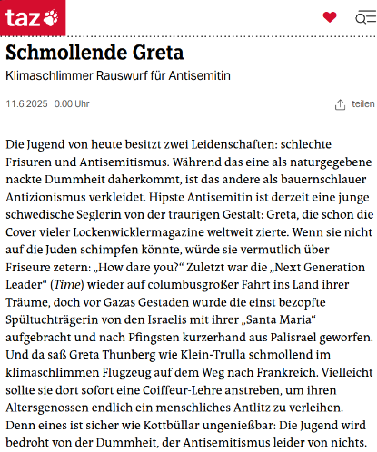 Jakob_Reimann's tweet photo. Die ✨linke✨ @tazgezwitscher veröffentlicht einen grotesken Kommentar zu #Greta, der so auch aus einer Boomer-AfD-WhatsApp-Gruppe rausgerülpst worden sein könnte. https://t.co/1sUFWVhKld
