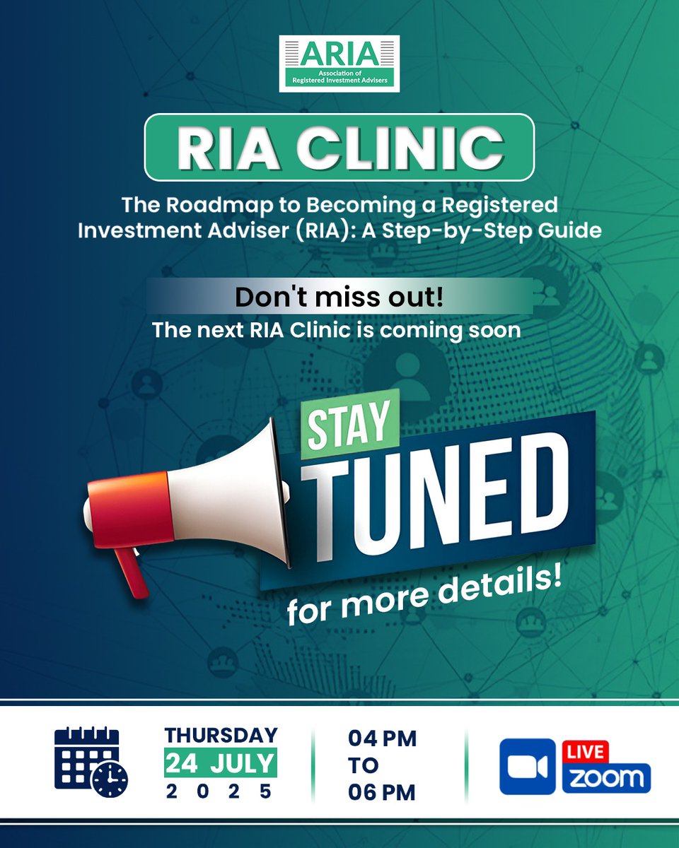 🚨 Big News for Aspiring RIAs! 🚨
The RIA Clinic is back — and it's your ultimate roadmap to becoming a Registered Investment Adviser (RIA)!

Join us for a power-packed live session that will guide you through the entire process, from start to success.
📅 Thursday, 24th July 2025