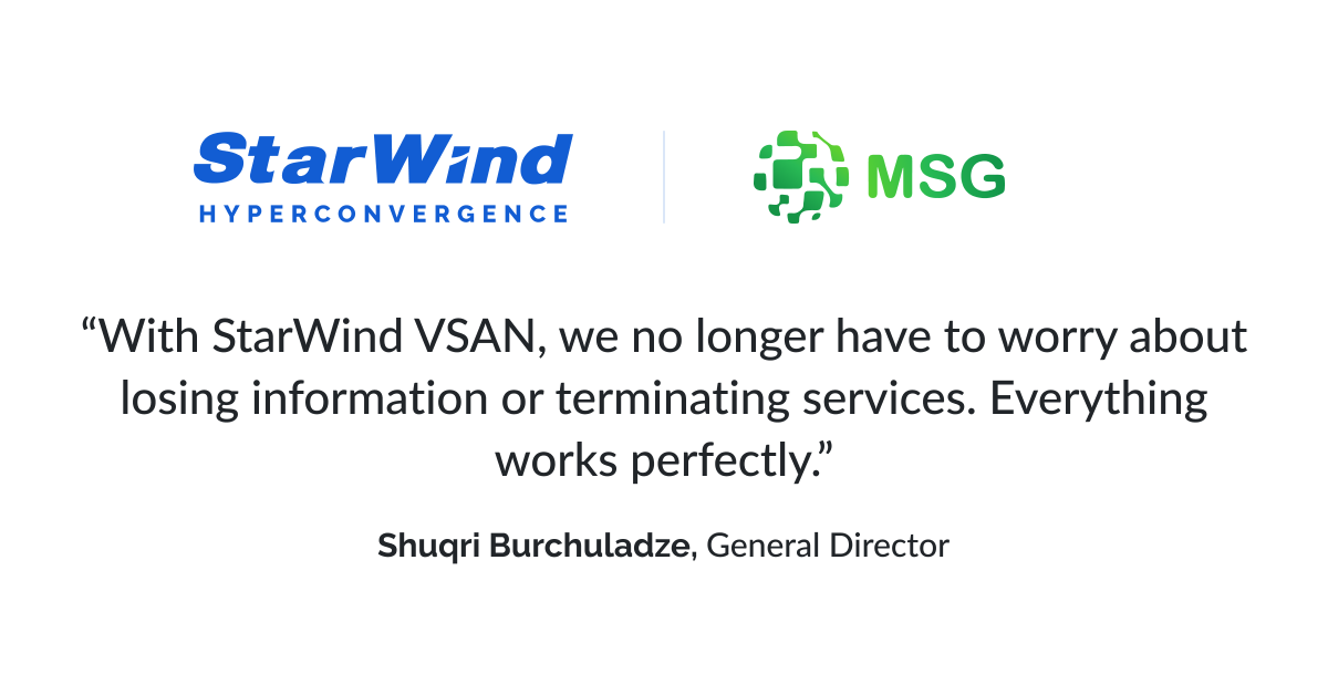 starwindsan's tweet image. 🏆#StarWind_success_story
MSG Ltd., a Georgia-based communication and SMS marketing company, ensures continuous #applicationuptime and #dataintegrity by building a fault-tolerant #ITenvironment around #StarWind Virtual SAN (#VSAN). Read more here: starwind.com/s/qm
