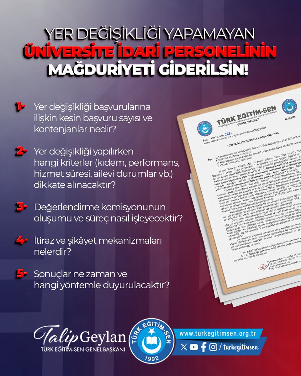 YÖK’e yazılı başvuruda bulunarak, üniversite idari personelinin yer değişikliği durumuyla ilgili bilgi talebinde bulunduk ve mağduriyetlerin giderilmesini talep ettik.
<a href="/YuksekogretimK/">Yükseköğretim Kurulu (YÖK)</a> <a href="/erolozvar/">Erol Özvar</a>
