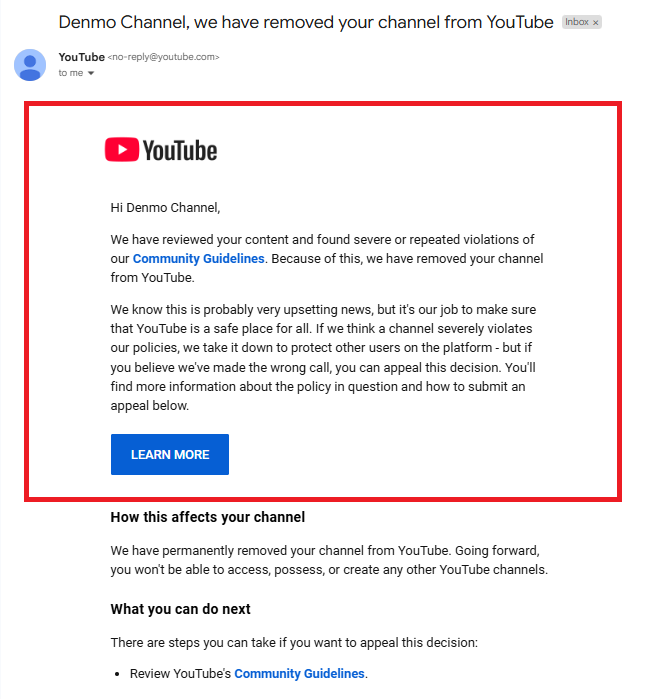 denmosocial's tweet photo. @TeamYouTube Thanks for the reply again. This is the only information I received (via email). How can I appeal if I do not know what I am appealing? Again, I broke no policies on any of my accounts. You say I should receive an email with more info.. this is all I received (nothing). https://t.co/Dfvf7MgZUI
