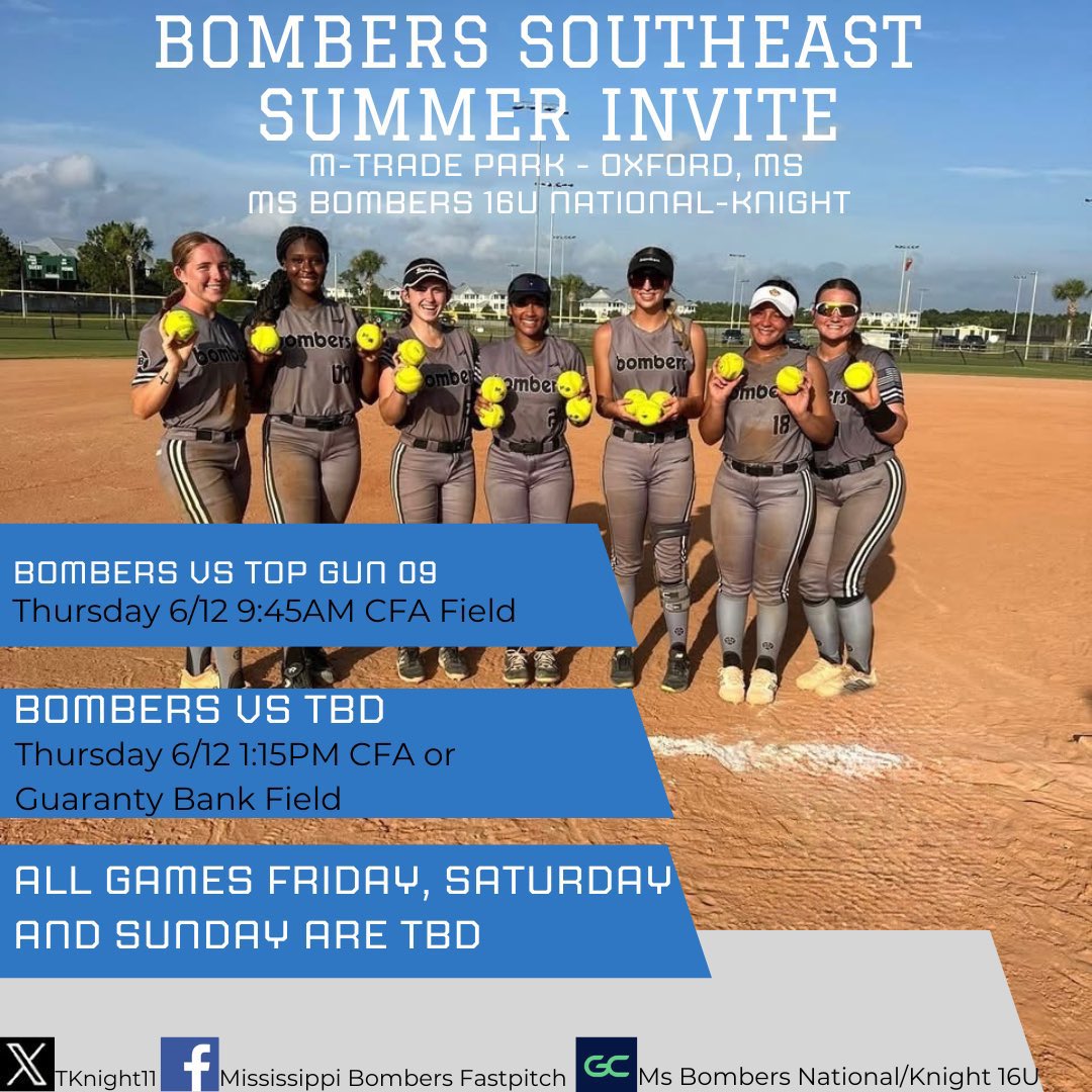 Bomber Invitational starts today! Come check us out!

<a href="/CoachBBuchanan/">Bobby Buchanan</a> <a href="/Jamie_Trachsel/">Jamie Trachsel</a>
<a href="/MrCoachTbratt/">Tyler Bratton, M.S.</a> <a href="/Coach_Ricketts/">Samantha Ricketts</a> <a href="/AmyLTudor/">Amy Tudor</a> <a href="/LionUpSoftball/">Southeastern Softball</a> 
<a href="/KaylaBixel/">Kayla Bixel</a> <a href="/KassieD23/">Kassie Stanfill</a> <a href="/BethTorina/">Beth Torina</a> <a href="/LSU_SandraMoton/">Sandra</a>
<a href="/CoachJordanSB/">Jordan Clark</a> <a href="/CoachPetikS/">Shelby Petik</a> <a href="/StinaMcC7/">Kristina McCain</a> <a href="/CoachMeeks_PRCC/">Christie Meeks</a> <a href="/CoachAlyHab/">Alyson Habetz</a> <a href="/LacyPrejean/">Lacy Prejean</a>