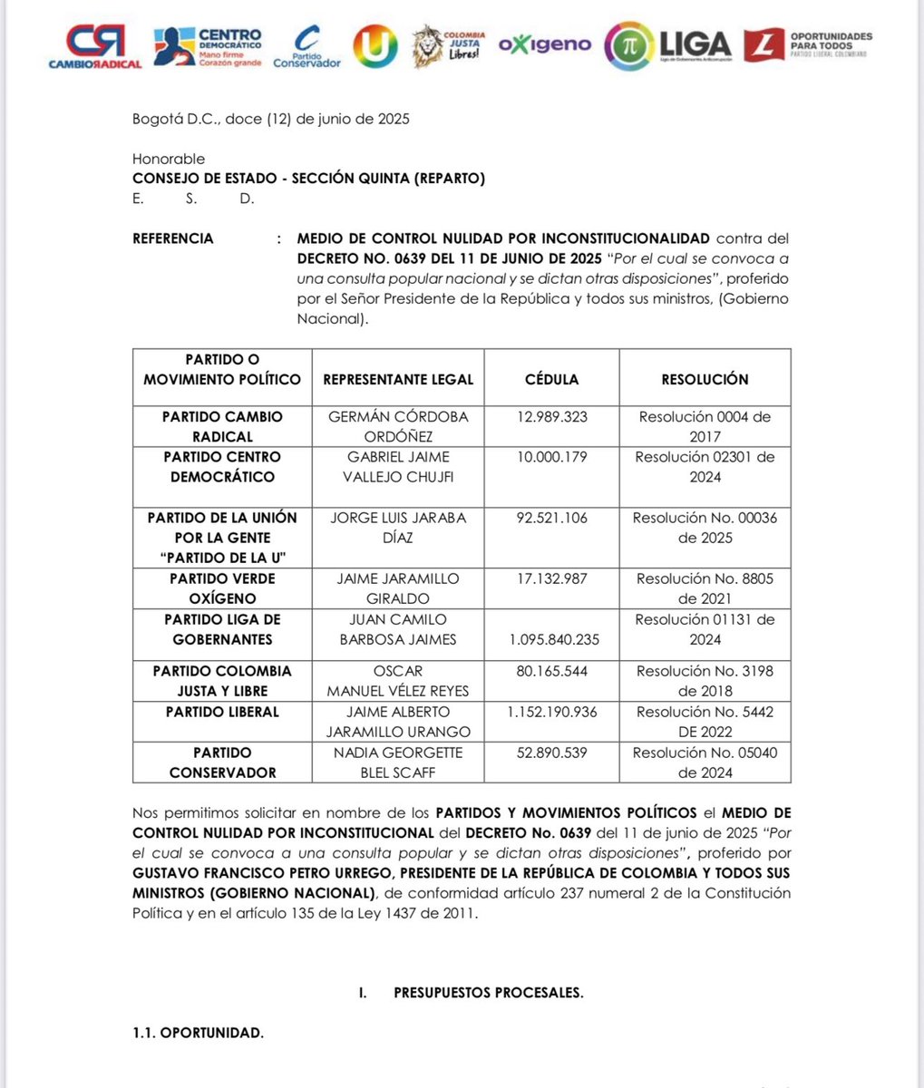 Partido Conservador (@soyconservador) on Twitter photo Partido Conservador junto a los Partidos <a href="/PCambioRadical/">Cambio Radical</a> <a href="/CeDemocratico/">Centro Democrático</a>
<a href="/partidodelaucol/">Partido de la U</a> <a href="/ColJustaLibres/">Colombia Justa Libres</a>
<a href="/verdeoxigenocol/">Partido Verde Oxigeno</a> @partidoliberal
<a href="/LigaGobernantes/">LIGA de Gobernantes Anticorrupción</a> radicamos una demanda ante el Consejo de Estado solicitado la nulidad por inconstitucionalidad y la adopción urgente de una Partido Conservador junto a los Partidos <a href="/PCambioRadical/">Cambio Radical</a> <a href="/CeDemocratico/">Centro Democrático</a>
<a href="/partidodelaucol/">Partido de la U</a> <a href="/ColJustaLibres/">Colombia Justa Libres</a>
<a href="/verdeoxigenocol/">Partido Verde Oxigeno</a> @partidoliberal
<a href="/LigaGobernantes/">LIGA de Gobernantes Anticorrupción</a> radicamos una demanda ante el Consejo de Estado solicitado la nulidad por inconstitucionalidad y la adopción urgente de una
