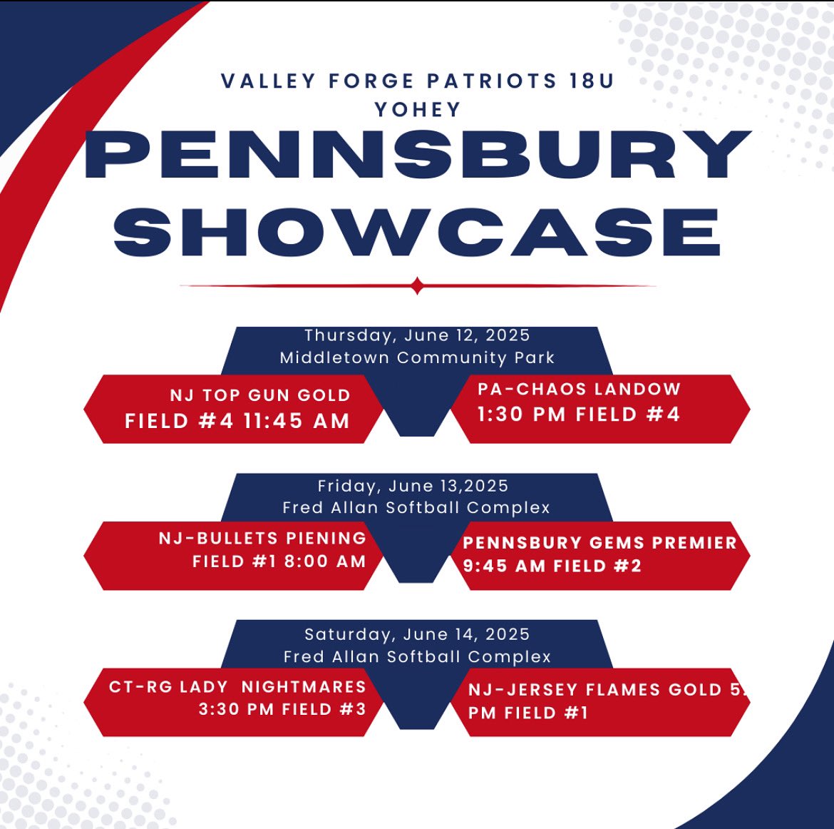 My teams schedule for the Pennsbury Showcase this weekend!!!!