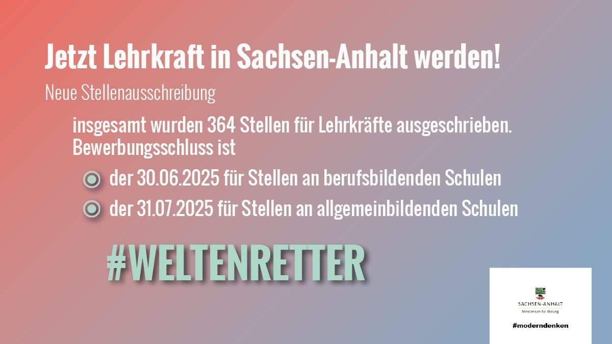 1/2 Ob Grundschule, Förderschule, Sekundarschule oder BBS: <a href="/sachsenanhalt/">Sachsen-Anhalt</a> schreibt 364 neue Lehrkräftestellen aus. Gesucht werden engagierte Pädagoginnen und Pädagogen – auch im #Seiteneinstieg. 🧑‍🏫