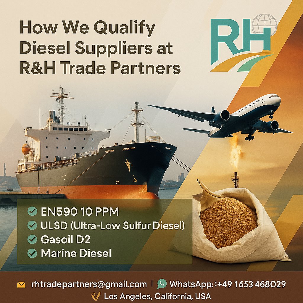 At R&amp;H Trade Partners, we don’t broker — we coordinate.

We qualify #EN590 diesel suppliers through: ✅ Mandate verification
✅ No upfront unless via LC/Escrow
✅ Dip &amp; Pay
✅ IMFPA/NCNDA secured

📧 rhtradepartners@gmail.com
📱 +49 163 4689029
#Diesel #B2B #FuelSupply #SCO