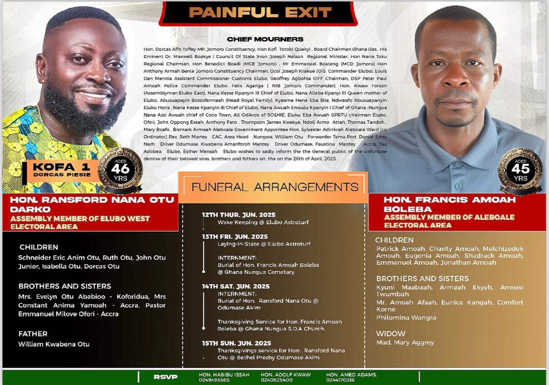 AfoDorcas's tweet image. 🕊️ IN MEMORIAM🕊️
With deep sorrow and heavy hearts, we announce the sudden passing of our cherished Assembly Members, Hon. Ransford Nana Otu Darko (KOFA) and Hon. Francis Amoah (BOLEBA) who tragically lost their lives in a motor accident.
Their selfless service, dedication, and…