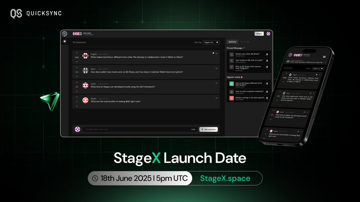 Quick_Sync's tweet photo. 📢StageX launches Wednesday, 18th June @ 5PM UTC📢
We’re launching a live interface that lets communities speak, engage, and vote in any live session — instantly and anonymously.
We’re kicking it off with a QS AMA on @X , synced via StageX, and you’re invited.
🗣️ Ask without identity or account
📊 Vote what matters
🧠 Interact like never before
It’s time for communities to take the mic.