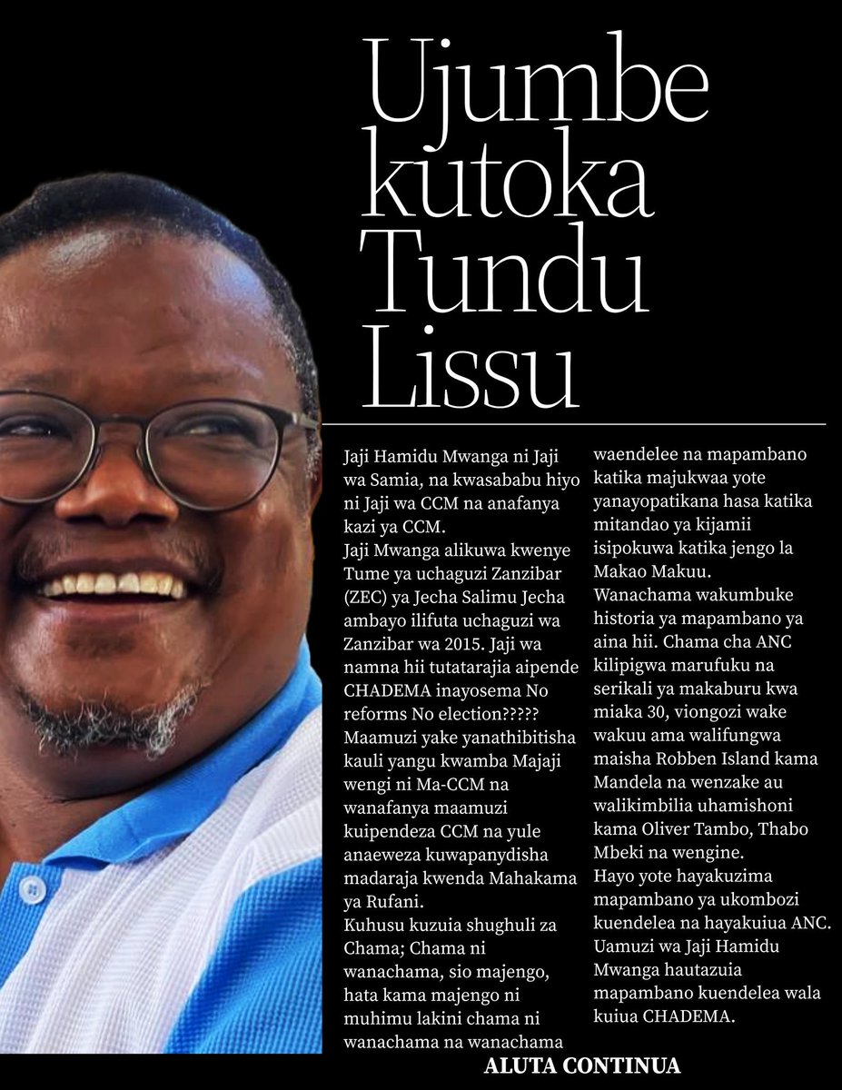 ‼️BREAKING NEWS‼️
🚨‼️UJUMBE KUTOKA TUNDU LISSU‼️🚨

“Jaji Hamidu Mwanga ni Jaji wa Samia, na kwasababu hiyo ni Jaji wa CCM na anafanya kazi ya CCM.

Jaji Mwanga alikuwa kwenye Tume ya uchaguzi Zanzibar (ZEC) ya Jecha Salimu Jecha ambayo ilifuta uchaguzi wa Zanzibar wa 2015. Jaji