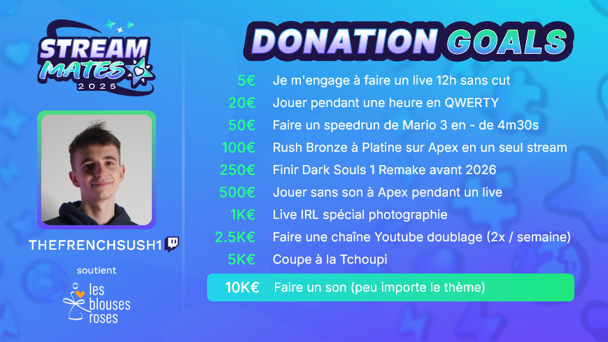 TheFrenchSushi's tweet photo. 🎉 Mes DONATION GOALS pour l'événement caritatif @StreamMatesOff sont prêts ! 💖
📅 13, 14, 15 juin 2025
📍 En live sur ma chaîne !
🎗️ Au profit des Blouses Roses !
🔁 RT pour donner + de force !
#StreamMates #TwitchFR #LesBlousesRoses https://t.co/uykbw6Fk6z
