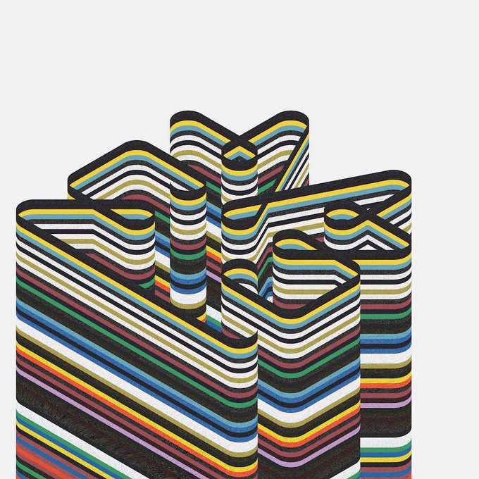 Abstract geometric forms with flowing, curved surfaces covered in colorful horizontal stripes in various colors including yellow, blue, green, red, white, and black against a light gray background.