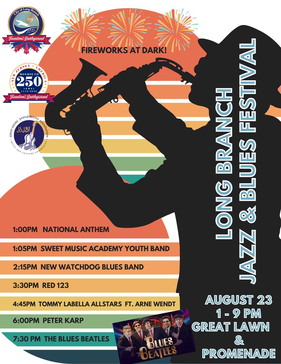 2025 Long Branch Jazz &amp; Blues Festival
Saturday, August 23, 2025 · 1:00 - 9:00 PM
Great Lawn &amp; Promenade | Long Branch, NJ
(10 Ocean Avenue)
FREE Event!
Fireworks at dusk!
Live performances ALL DAY!
For updates: longbranch.org/ProgramsEvents
