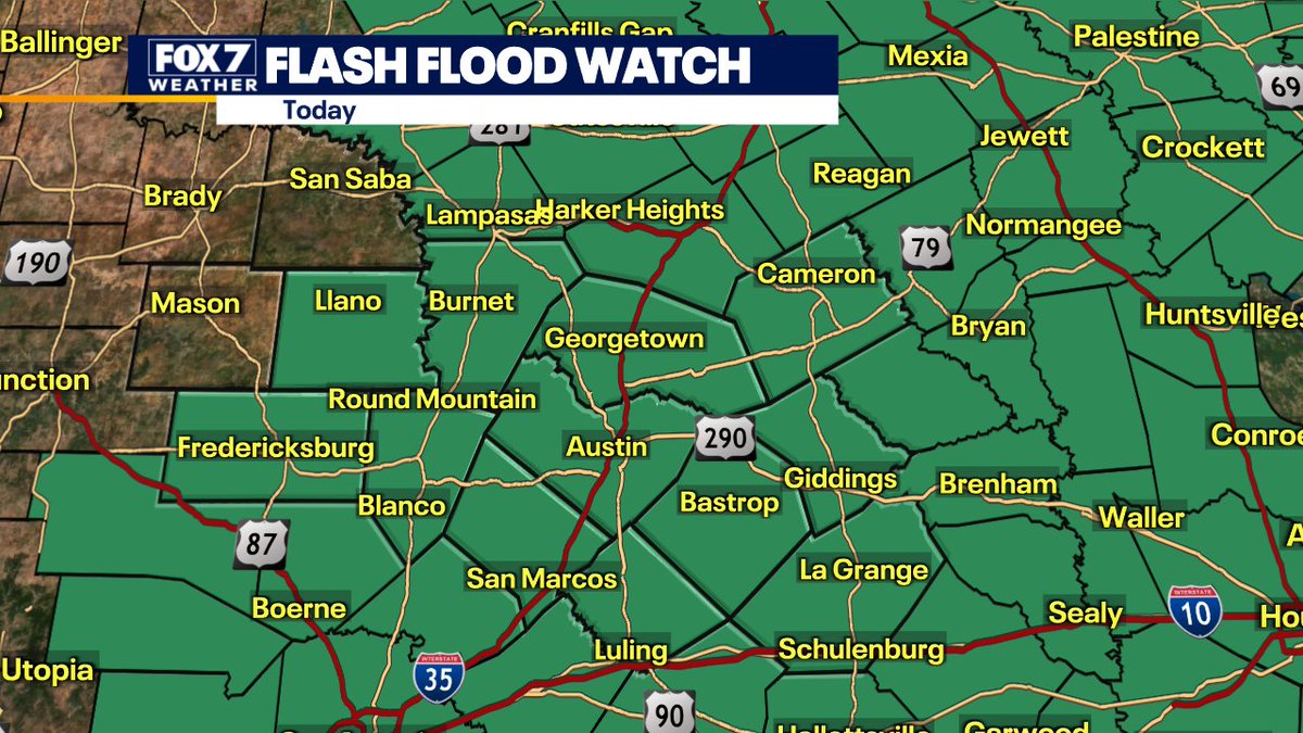 FLASH FLOOD WATCH for Central Texas until 7pm. The future radar is showing drier conditions this afternoon so the watch may go away by this afternoon.