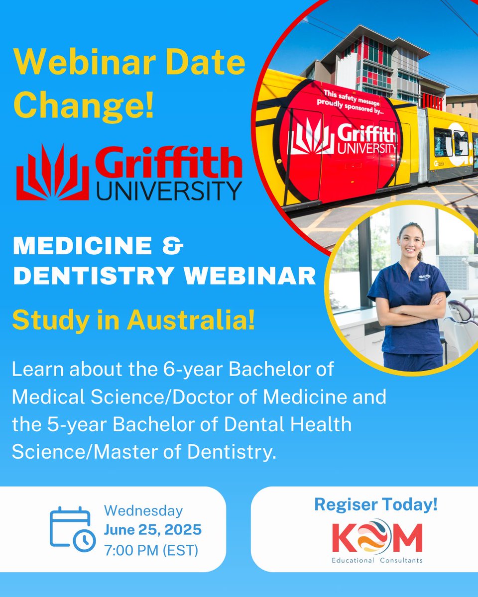 📣 Date Change Alert: <a href="/Griffith_Uni/">Griffith University</a> #Medicine &amp; #Dentistry Webinar! 🩺✨ New Date: June 25, 2025, at 7 PM (EST). Discover top-tier programs: 6-year Medical Science/MD &amp; 5-year Dental Health Science/Master. Study in #GoldCoast or #Brisbane. Register now! 🔗komconsultants.com/study-medicine…