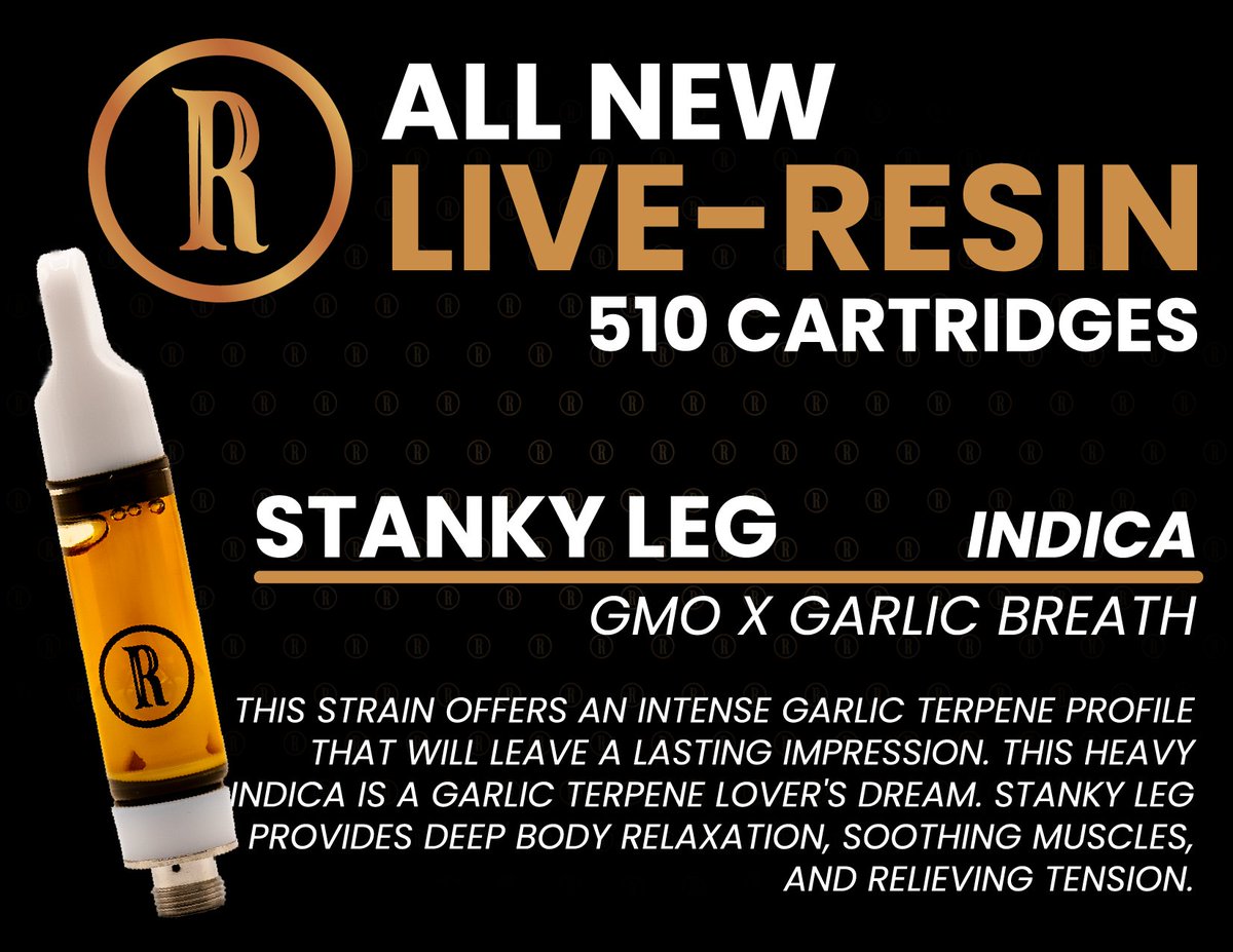 NEW DROP HITTING TOMORROW 🔥 Get ready for STANKY LEG (Indica) – the next heavy-hitter in our LIVE RESIN 510 Cartridge lineup. 💨
.
🧄 GMO x Garlic Breath
🌬️ Bold garlic terpene blast
🛌 Full-body relaxation, muscle-soothing, tension-melting effects
.
Perfect for garlic lovers
